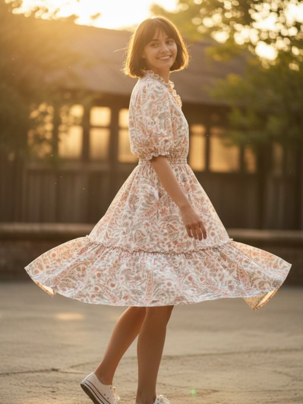 Light Floral 100% Cotton MSK Dress Tiered Size L Prairie Country Cowgirl Rodeo